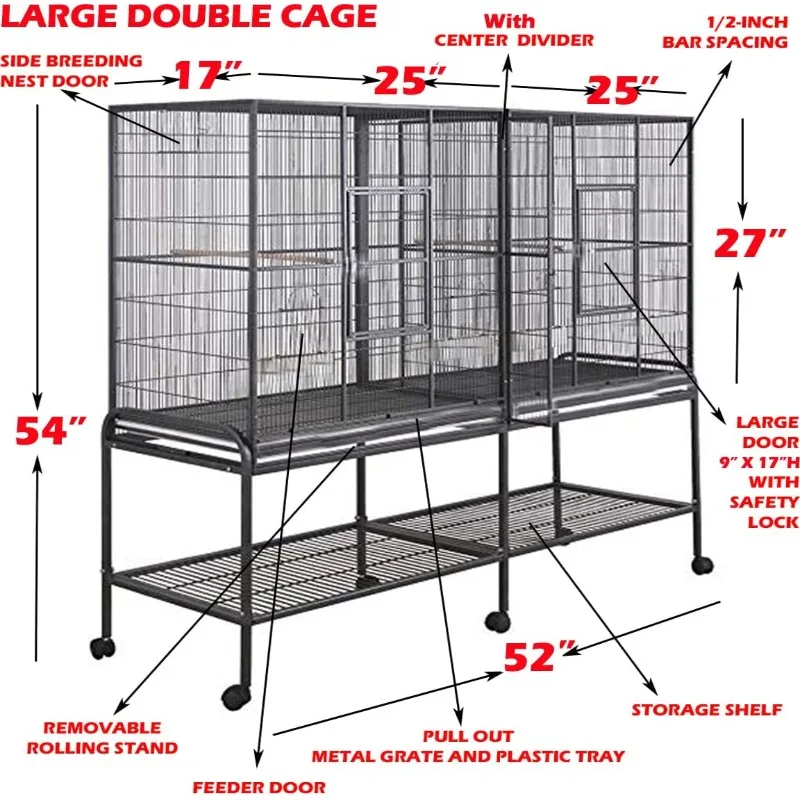 Large Double Birdhouse Breeder Bird Flight Cage with Center Divider Side Breeding Nest Doors Removable Rolling Stand