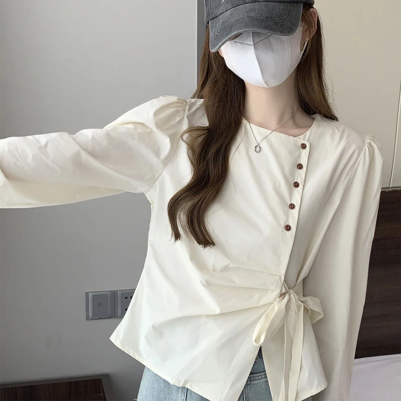 Spring Autumn New Solid Color Round Neck Long Sleeve Fashion Shirt Women High Street Button Lacing Bow Cardigan Elegant Tops