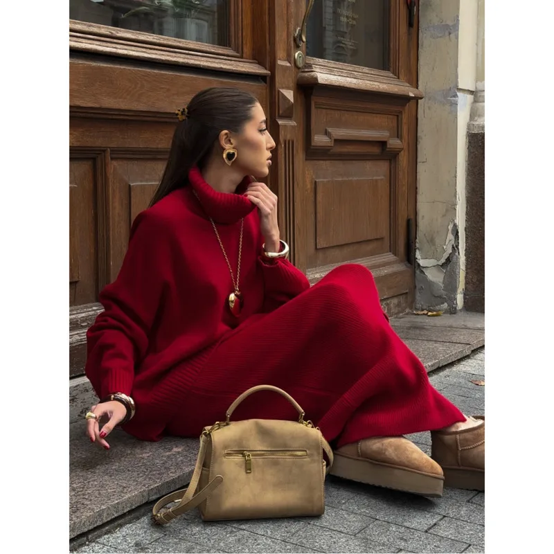 

Chic Casual Autumn Winter 2-Piece Set For Women Knit Turtleneck Pullover And Maxi Skirt Solid Color Warm Elegant Outfit Ensemble