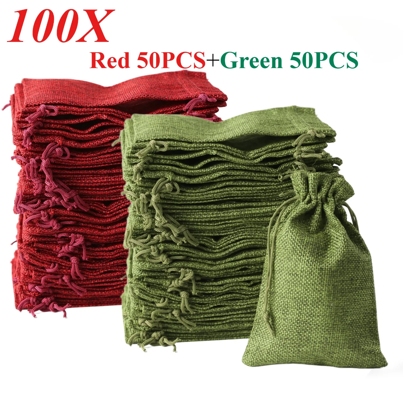 100PCS Christmas Red+Green Mixed Drawstring Burlap Jute Gift Bags DIY Wedding Favor Gift For Packaging Candy Chocolate Jewery