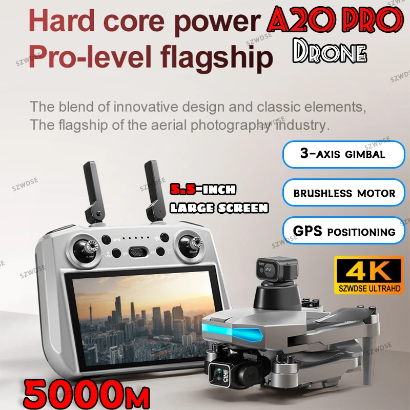 Nieuwe A20 PRO GPS Drone Cam 5KM 4K Professionele HD Dubbele Camera 3-As Gimbal 360 °   Borstelloze quadcopterdrones voor het vermijden van obstakels