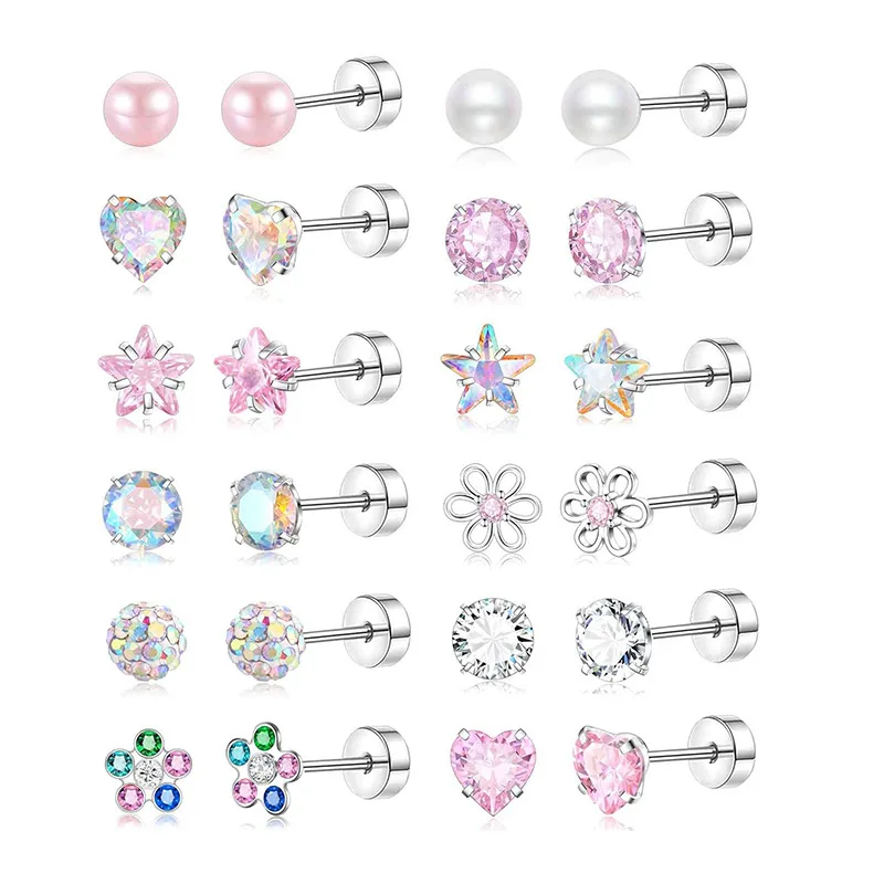 16Pairs Earrings Set Surgical Piercing Stainless Steel Ear Stud with Safe Ball Pearl Diamond Flower Body Piercing Jewelry Gift