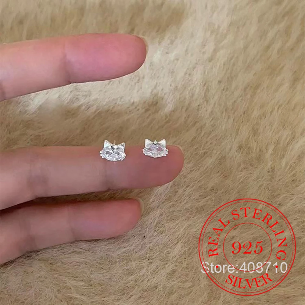 

925 Sterling Silver Jewelry Exquisite Zircon Crystal Kitten Stud Earrings for Women Wedding Party Jewelry For Girls Friend Gift