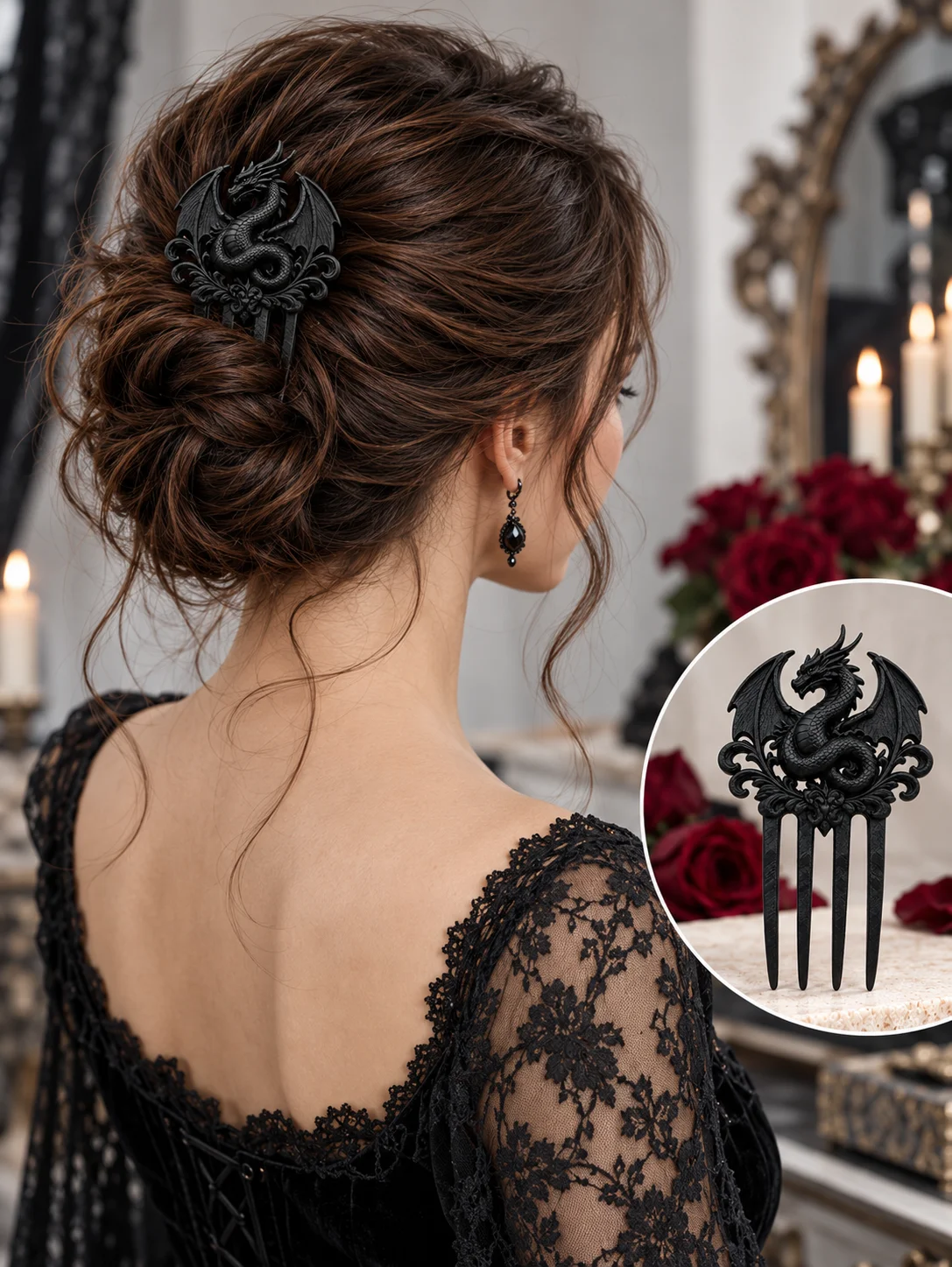 Halloween Cosplay Black Dragon Hairpin Headpiece, Gothic Victorian Style Four-Pronged Hair Fork, 3D Printed Matte Dragon Design Hair Accessory, Baroque Relief Floral Pattern Hairpin, Fantasy Medieval Style Non-Slip Secure and Durable, Suitable for Various Hairstyles, Renaissance Market Party Wedding Bride Daily Date, Dark Academy Style Witch Style Eye-Catching Hair Accessory for Women and Girls
