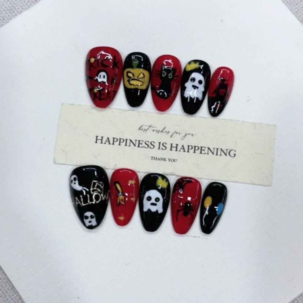 

10 Pieces Halloween Cute Cartoon Handmade Press On Nails Spooky Cat Pumpkin Spider Almonds Fake Nails Removable Reusable