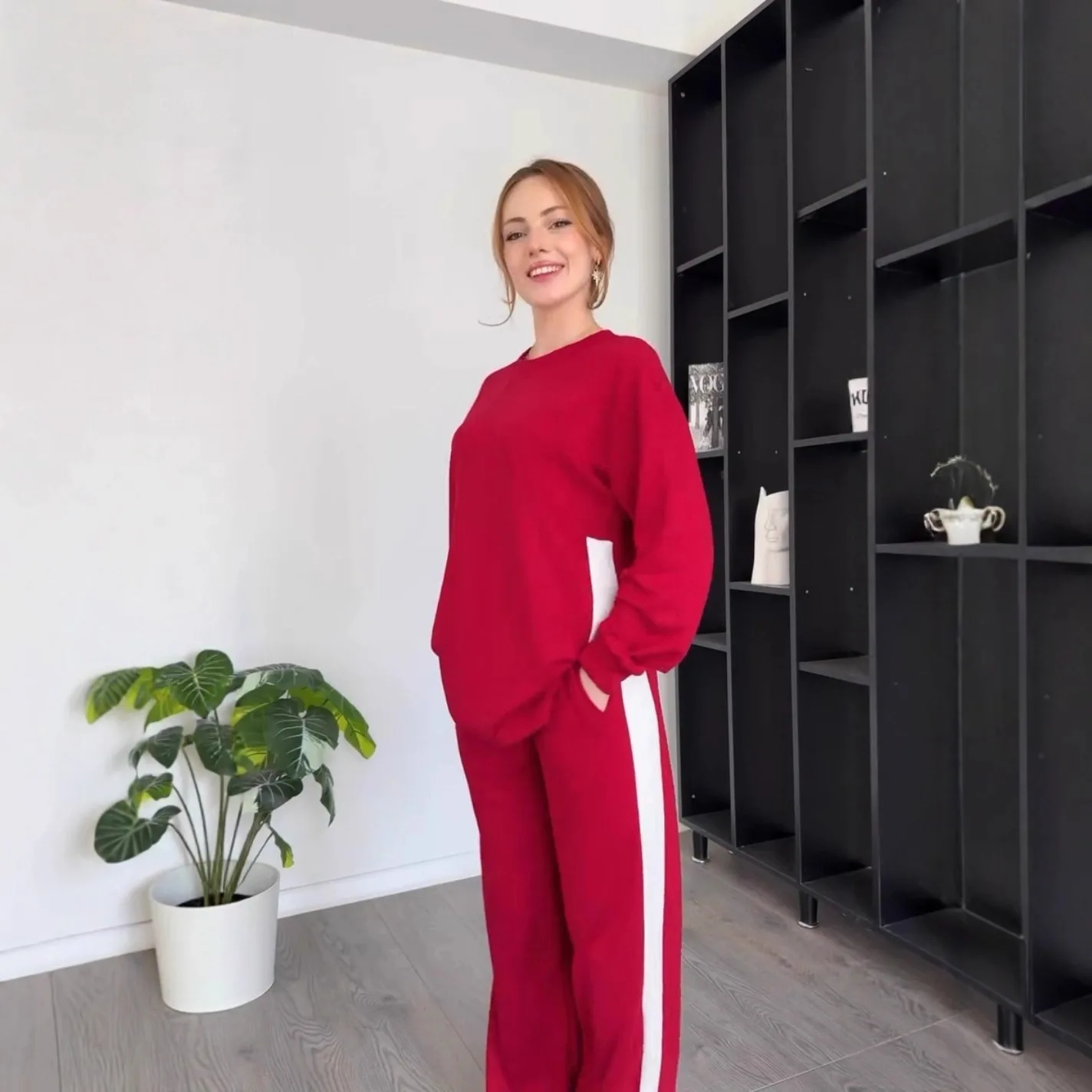 

Повседневный спортивный стиль, комплект из двух предметов, женский полосатый лоскутный пуловер, топы, брюки, модная женская одежда для поездок на работу, комплекты из 2 предметов