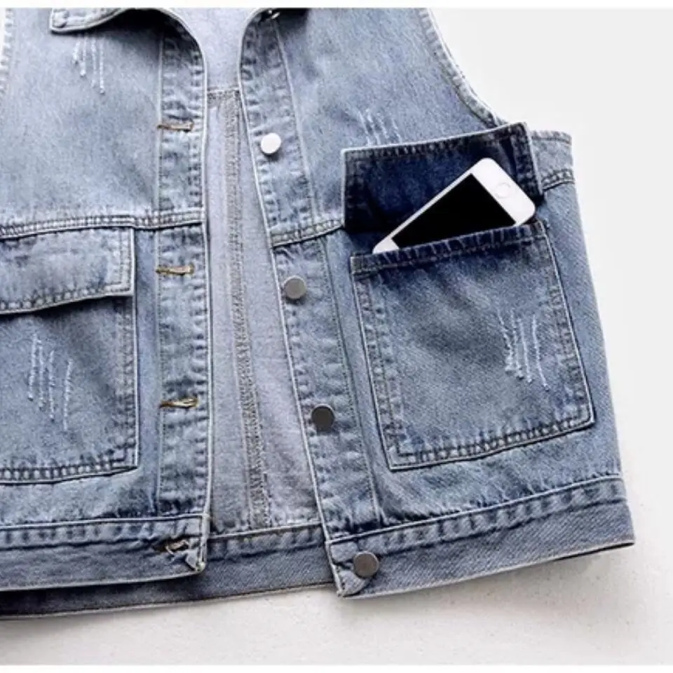 Plus Size New Women Denim Vest Fashion Ripped Autumn Blue Jeans Jacket Sleeveless 2023 Spring Loose Short Coat Causal Waistcoats