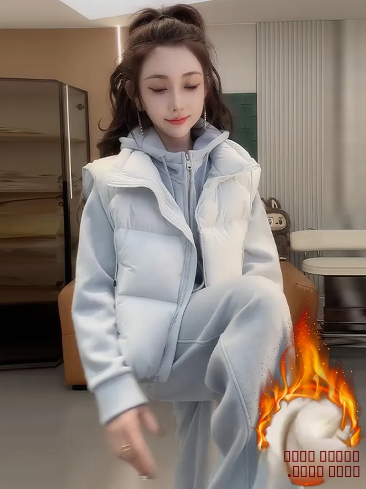 

Женский комплект: худи на подкладке и брюки с широкими штанинами, зимний спортивный повседневный комплект с высокой талией, на молнии, теплый, комфортный, модный