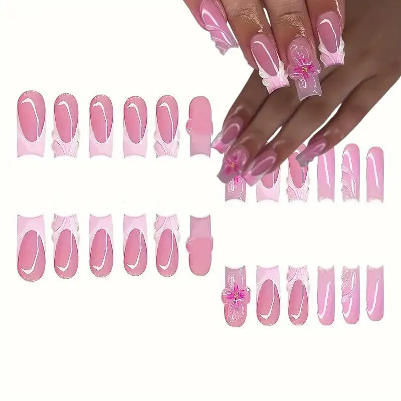 เล็บปลอมสีชมพู Y2K ลายดอกไม้ 24 ชิ้น พร้อมกาวเจลขอบขาวแบบฝรั่งเศส ติดง่าย สไตล์ยุโรป ทรงโลงศพยาว