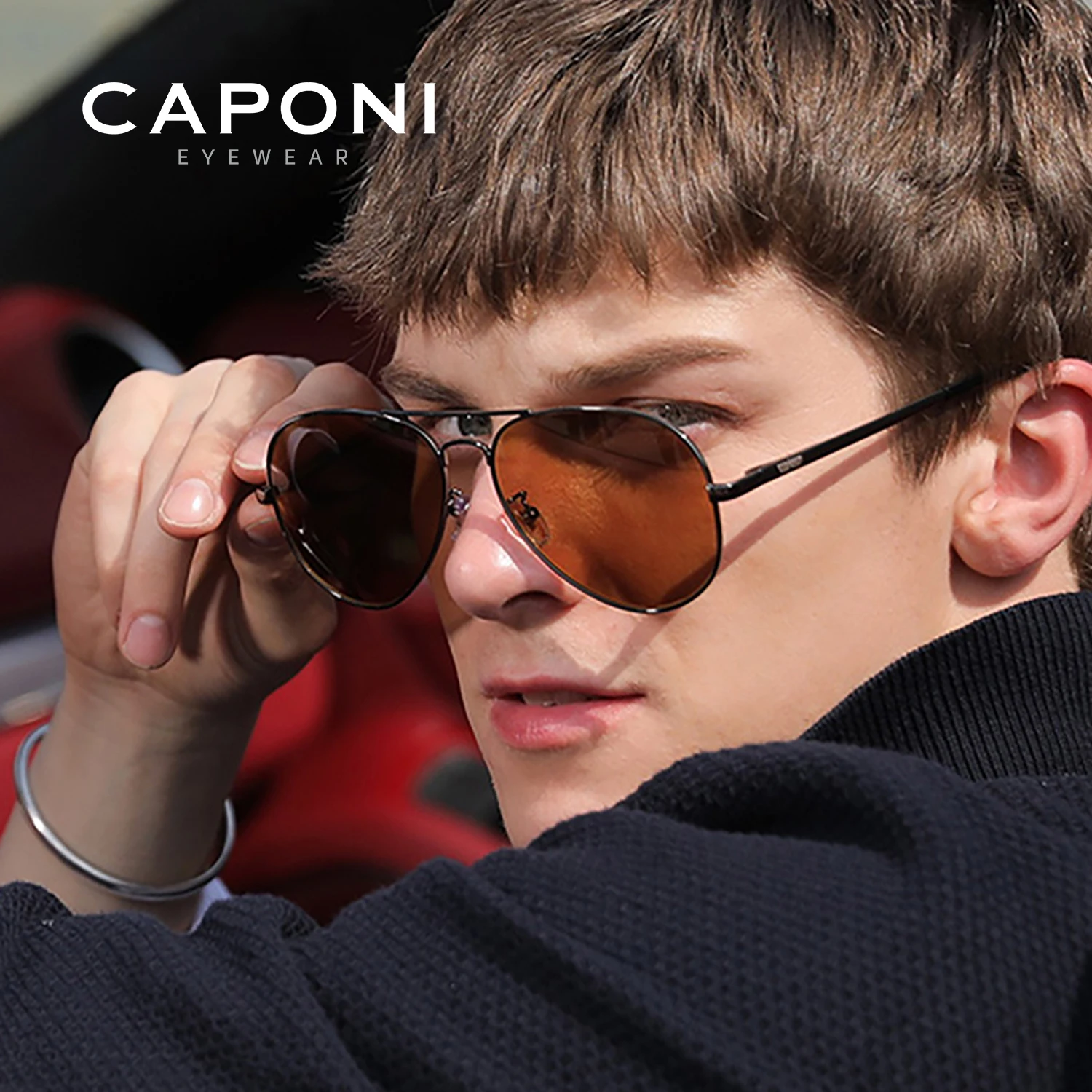 CAPONI Classic Sunglasses For Men Photochromic Day And Night Driving Yellow Glasses Polit Fishing Men's Sun Glasses BSYS3104