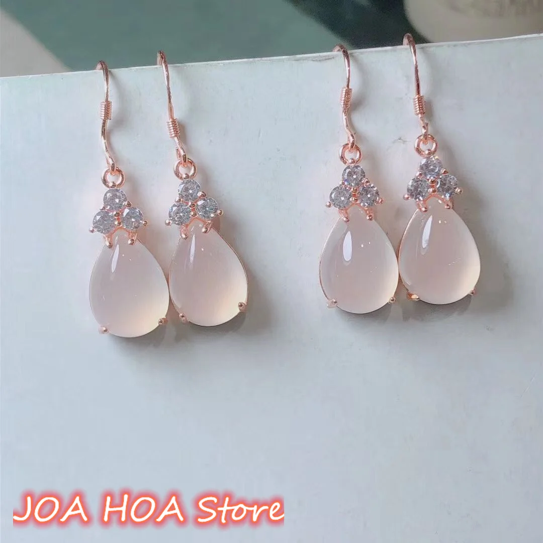 Natural Emerald Pink Green Red White Chalcedony Water Drop Ladies Rose Gold Sterling Silver 925 Jewelry Earrings