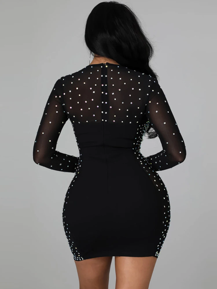 Women's Sexy Long Sleeved Rhinestone Transparent Mesh Party Tight Fitting Dress With Black Shiny Buttocks Luxurious Short Skirt