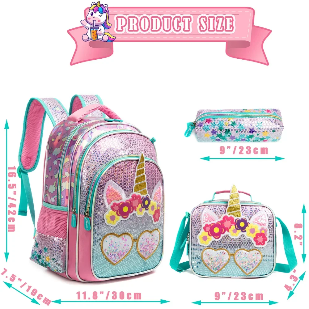 Gsequins 3 Piece Set School Bags for Girls  Unicorn Pink Sequins Waterproof  Kids Backpack School Bags Shoulder Kawaii Backpack