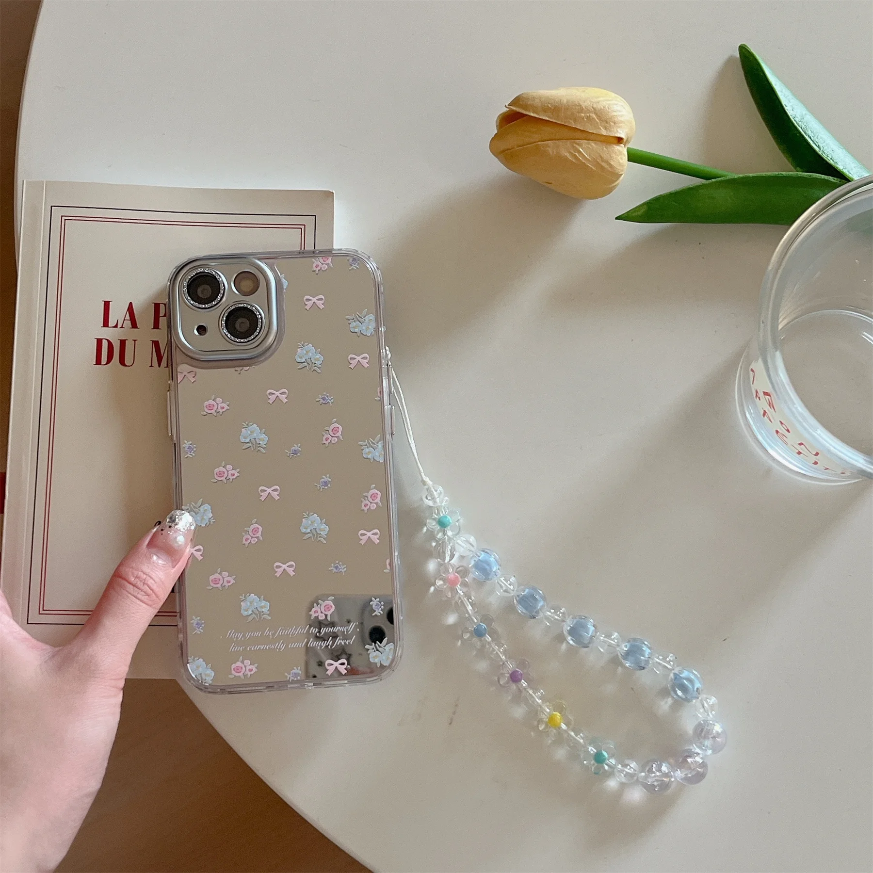 Ins Korean Luxury Mirror Full Screen Bow English Flower Bracelet Case for iPhone 15 14 13 12 11 Pro Max Back Cover For Girl Gift