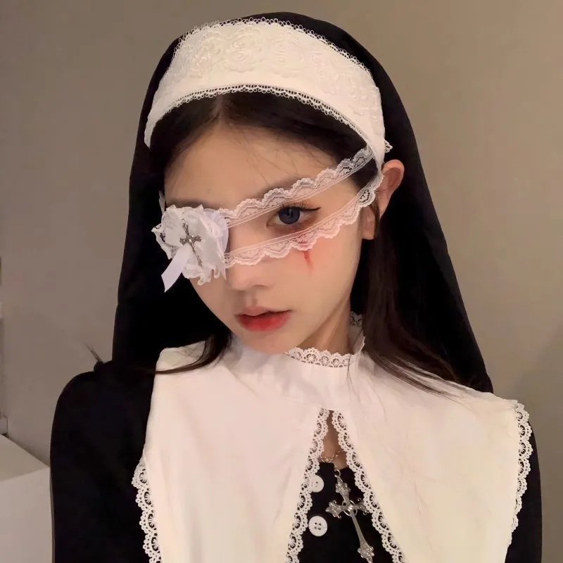 キュートな蝶結びクロスハートレースアイマスク 女性用 ハロウィン 修道女コスチュームアクセサリー ダークゴシックスタイル メイドコスプレ小道具 ロリータアイマスク