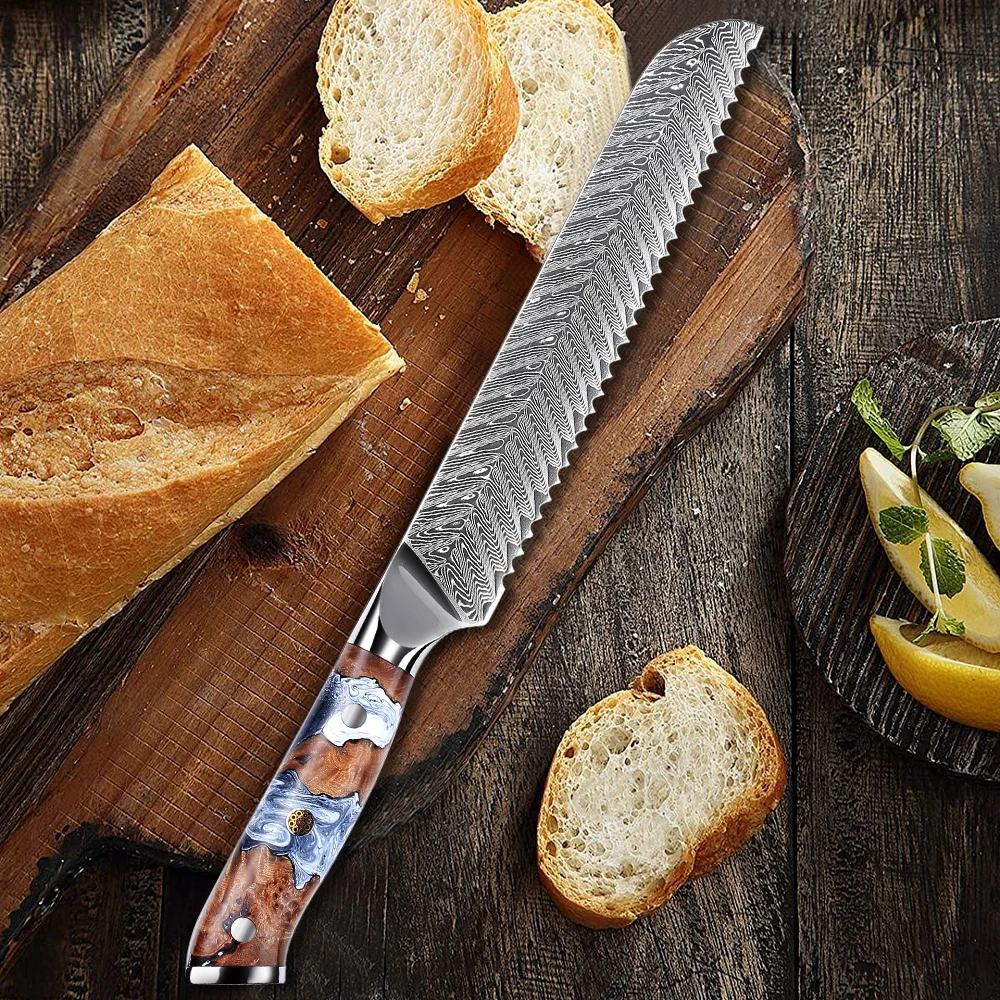 YAN 8 Inch Japanese Damascus Bread Knife VG10 10Cr15CoMoV Herringbone Handle Sharp Kitchen Chef Boning Butcher KnifeGift Box