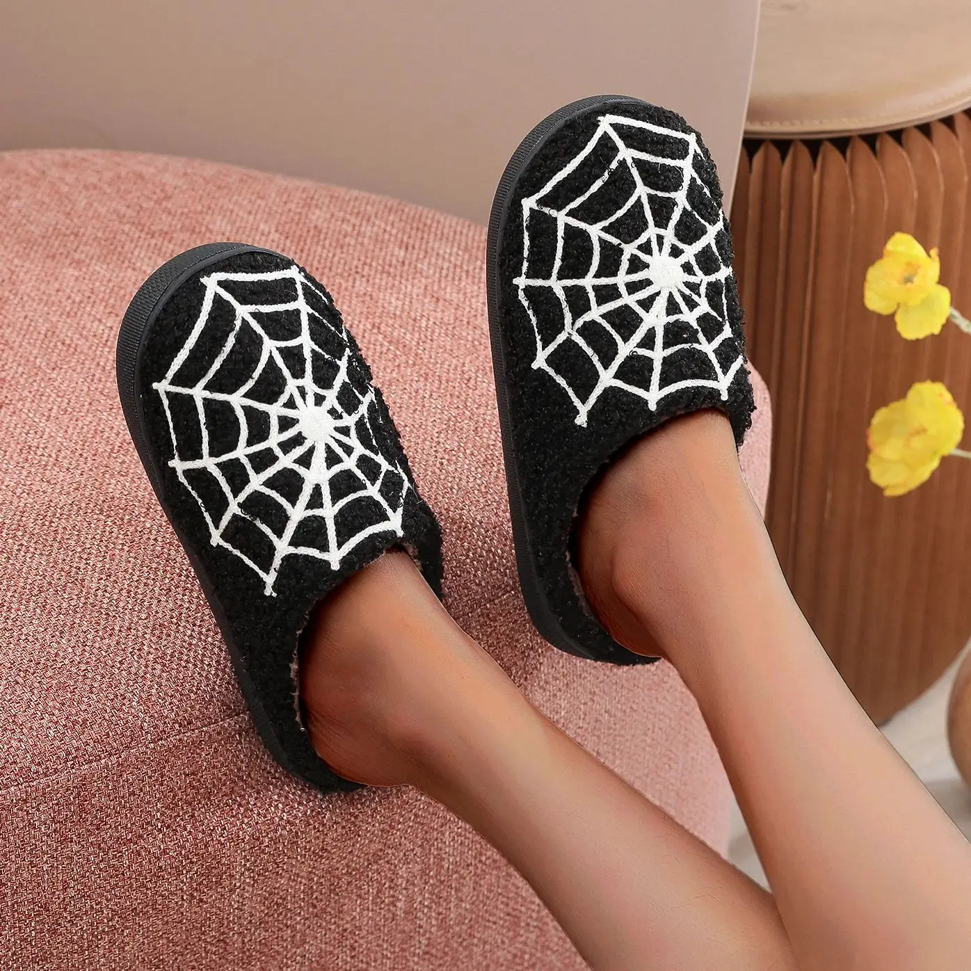 Halloween Spider Web Pattern Horror Pubon Atmosphere fashion Embroidery stuffed Home Thick-soled Cozy Furry Cotton Slippers Personality Warm