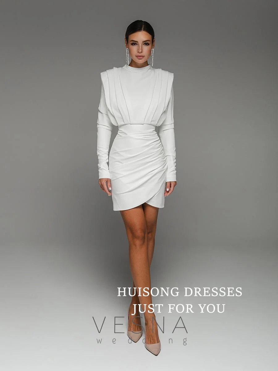

HUISONG Customized Short Glitter Wedding Dresses Long Sleeves Mini Bridals Gowns Beach Wedding Party Dress свадебное платье