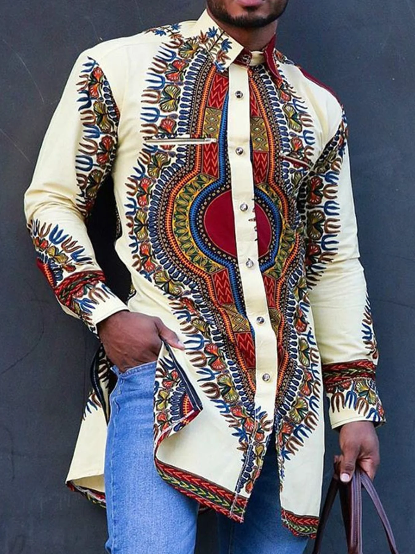 

African Men Traditional Clothes Nigeria African Print Fabric Shirt Oversized Dashiki Long Sleeve Ethnic Cultural Shirt Clothing