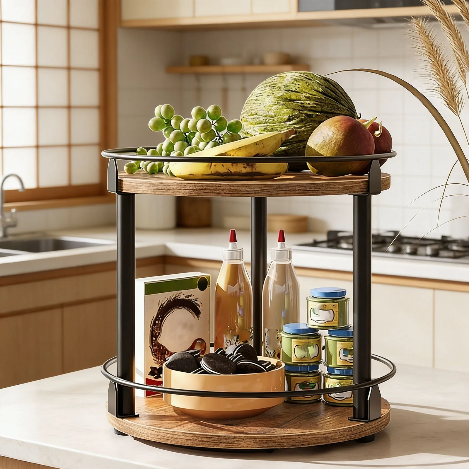 360 Degree Rotating Wooden Spice Rack Kitchen Seasoning Organizer Space Saving Lazy Susan Turntable for Countertop Cabinet