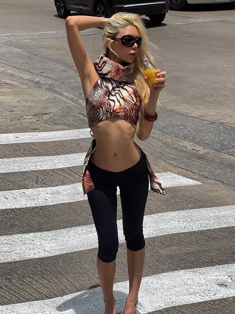

Insglas Hottie Wild сексуальный леопардовый топ на бретельках женский хипстер Y2K водолазка с открытой спиной на шнуровке уличная клубная одежда нерегулярный жилет