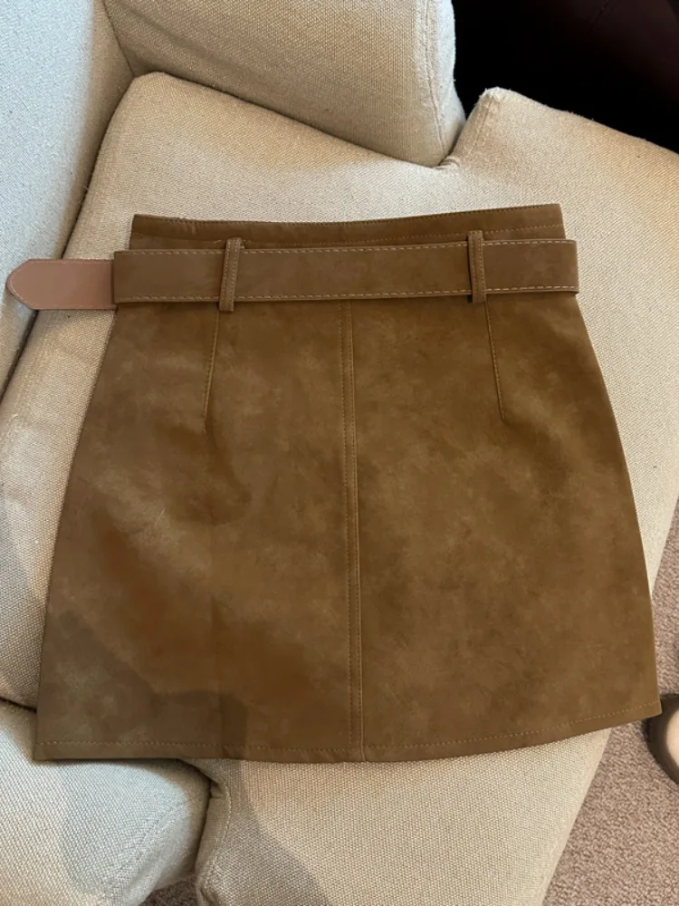 High Waist A-Line  Skirt Women's Autumn Winter New Sle Soft Comfortable Deer Skin Velvet Belted ort Skirt for Commute