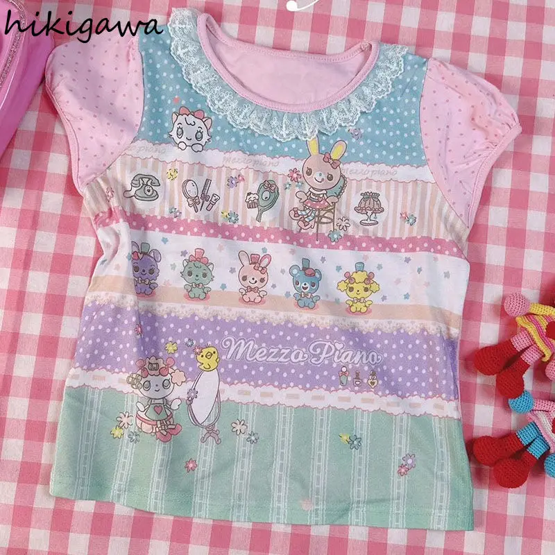 الحلو Y2k تي شيرت المرأة موضة اليابانية لطيف الصيف تيز المحاصيل القمم 2025 Ropa Mujer عادية المرقعة الدانتيل الكرتون التي شيرت 27w699