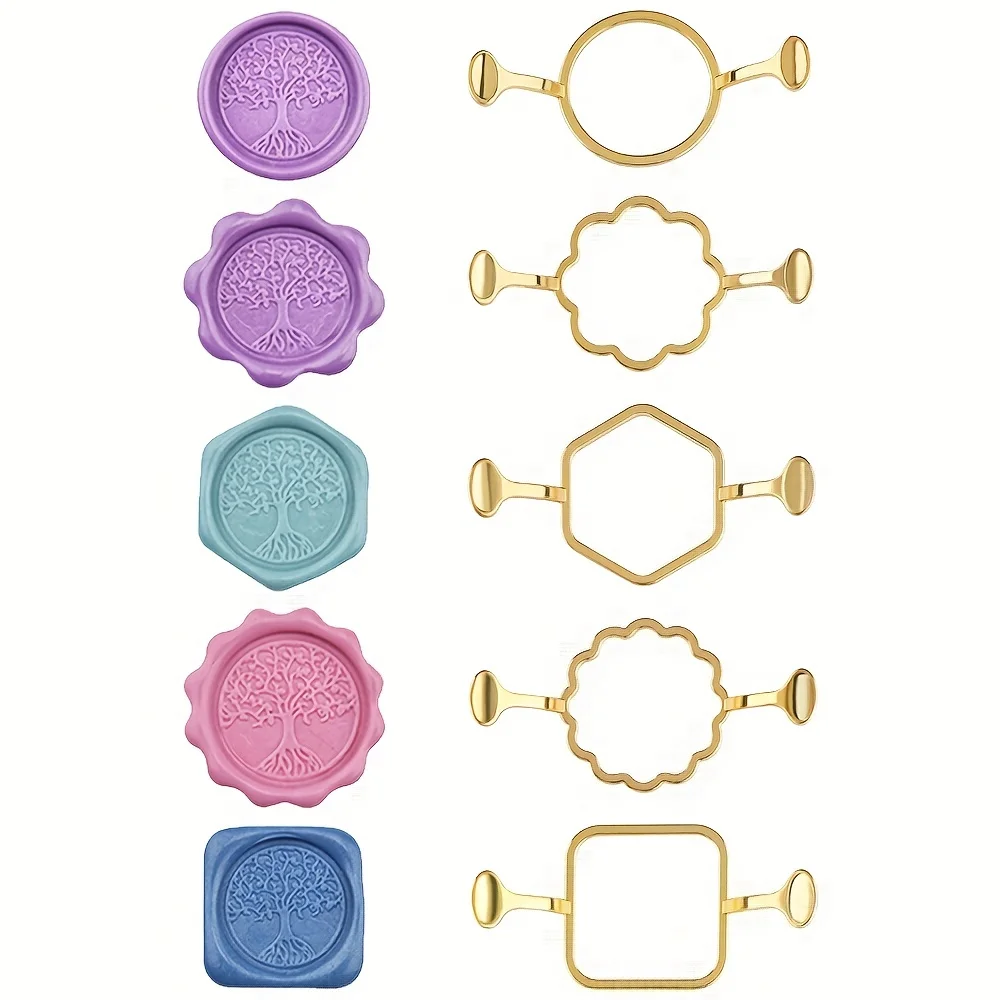 5-Pack Hexagon Square Metal Wax Seal Kit for 1 Inch Wax Seal Stamp Round and Flower Metal Wax Seal Molds Sealing Wax Kit