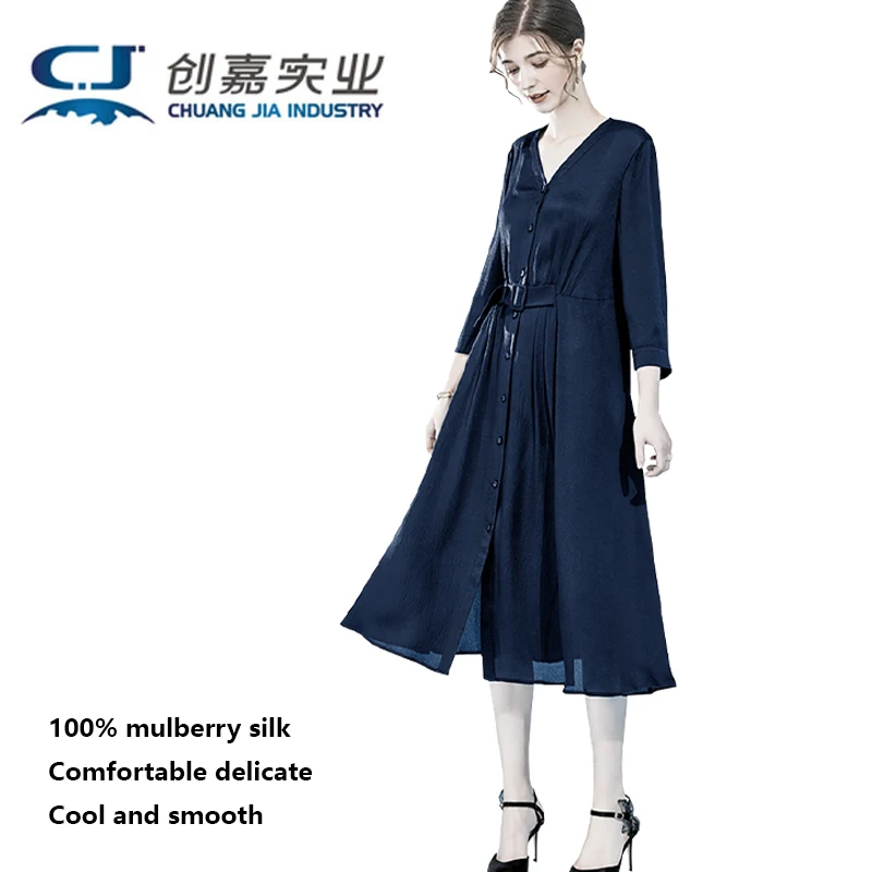 

Luxury Silk Women's Nine-quarter Sleeve dress Navy Blue 100% Silk V-neck Single Breasted Belt Dress Cool and Breathable