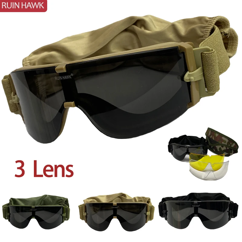 Outdoor Sunglasses Hunting Goggles Wargame Airsoft Paintball Tactical Glasses 3 Lens Windproof Glasses
