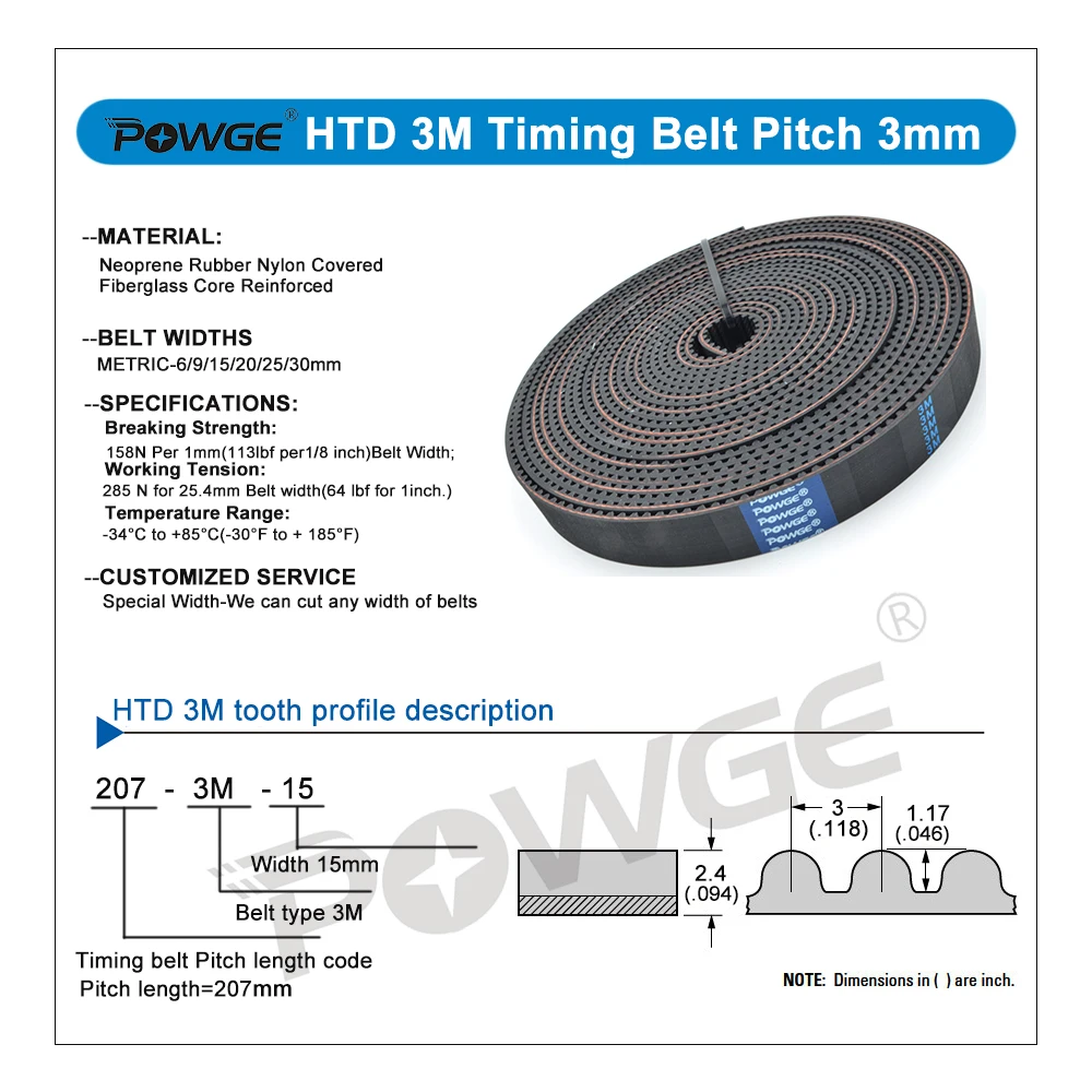 POWGE High Torqure HTD 3M Open timing belt Width 6/10/15/20/25/30mm Polyurethane steel Rubber fiberglass HTD3M Pulley Laser CNC
