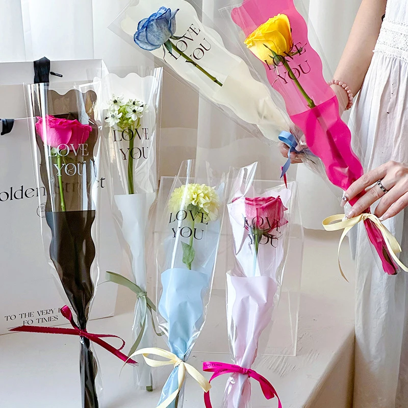 10pcs Single Rose Sleeves Flower Wrapping Bag Bouquet Packaging Bags Clear Cellophane Floral Wrappers For Valentine's Day