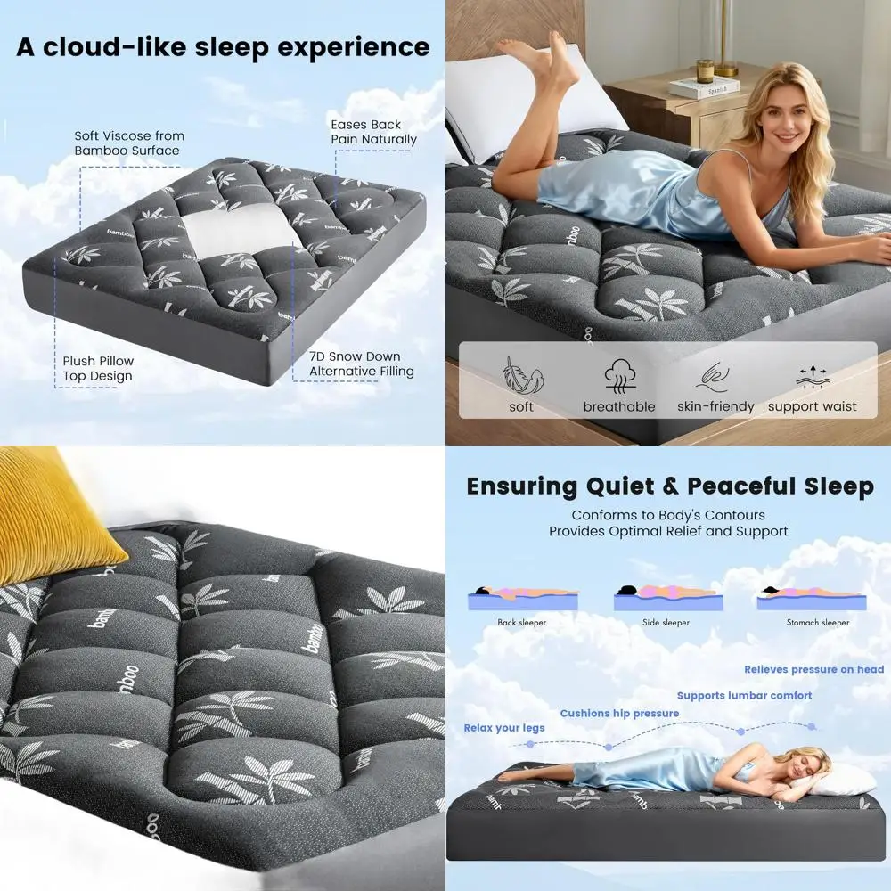 

Bamboo Viscose Pillow Top Mattress Topper - Full Size, Deep Pockets, 54x75, Black for Back Pain Relief