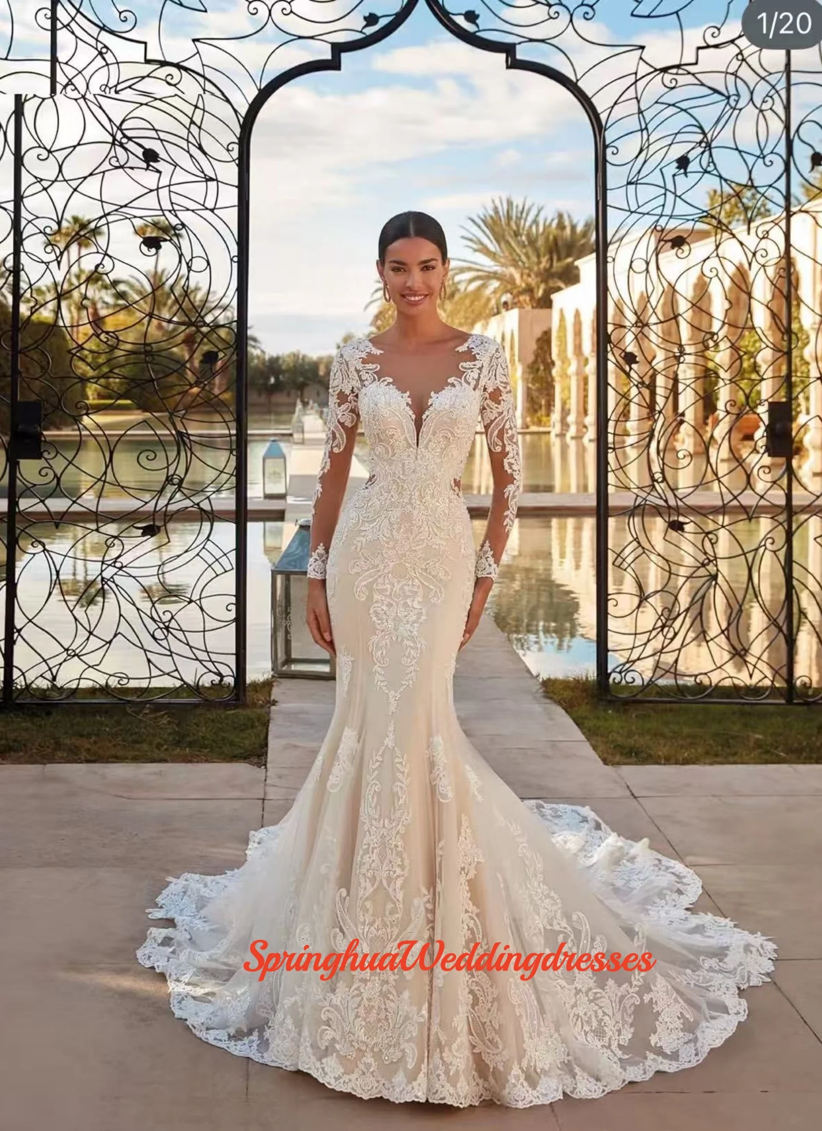 

Индивидуальное прозрачное свадебное платье-русалка с круглым вырезом, классическими кружевными аппликациями, длинными рукавами, элегантное свадебное платье, Robe Vestidos De Novia