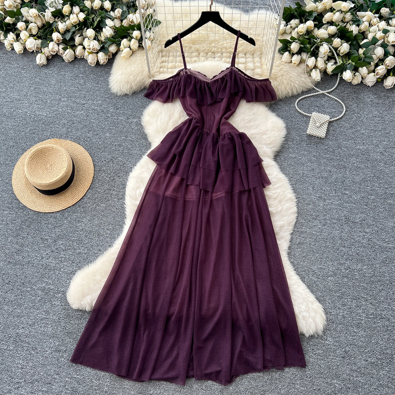 Chic Sexy fendu slash cou bretelles robe fée a-ligne robe plage vacances femmes Boho robe d'été