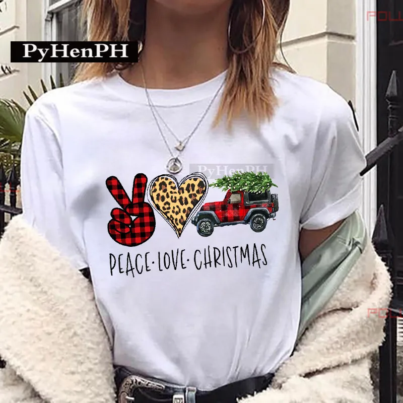 Women Peace Love Christmas Plaid Hand Heart Truck Print T‑Shirt Short Sleeve Round Neck Xmas Holiday Casual Ladies Daily Tee Top