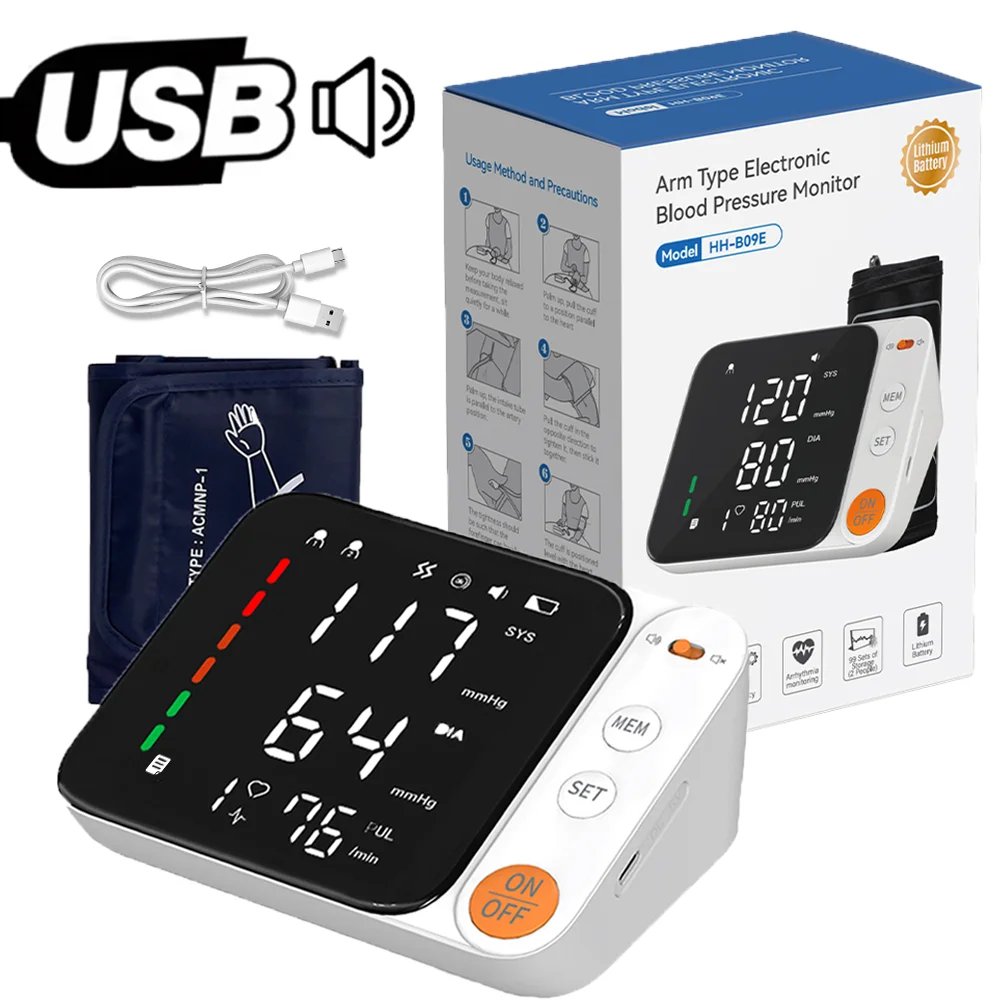 Monitor de presión arterial LED HD, tonómetro automático, tensiómetro Digital, medidor de presión, Monitor BP recargable para la parte superior del brazo