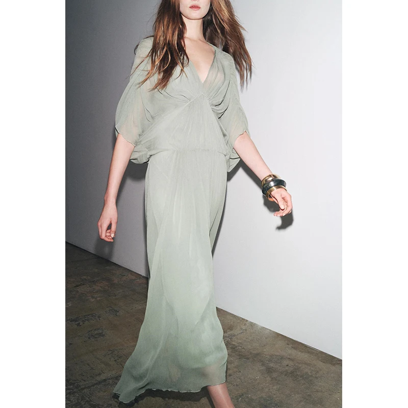 فستان نسائي صيفي بحافة غير متماثلة وياقة على شكل V وأكمام مطوية، فستان طويل بخصر مرتفع وأكمام خفاشية من البوليستر بتصميم A-line #2