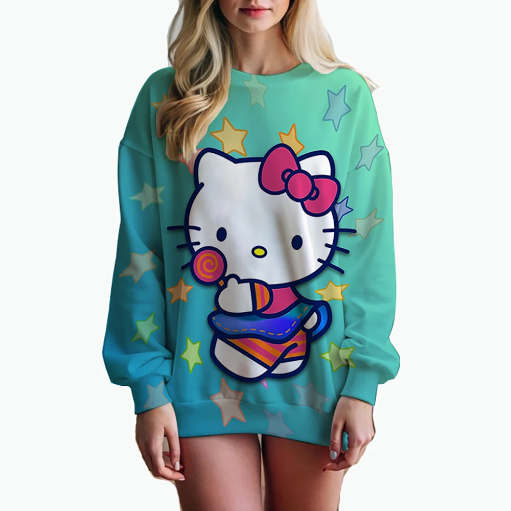 HELLO KITTY Shirt For Women Tid Dye Long Sleeve Shirts Autumn Hoodies Sweatshirts Casual Loose Pullover Sweatshirt Blouses Tops