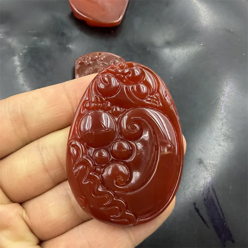 Depicting A Playing With A Pearl, Tiger Zodiac Jade Charm, Large Red Agate Pendant