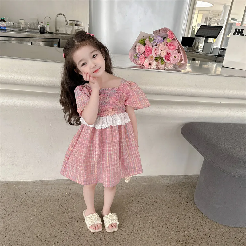 Summer Girls' Pink Plaid Dress French Style Lace Waist Decoration Dress Baby Kids Clothing Elegant and Novel Princess Dress