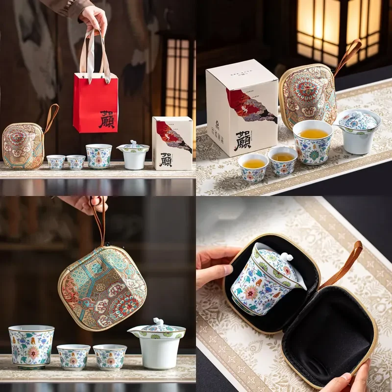 

【CHIMU HOME】 Doucai Celadon Entwined Lotus Fu Lu Kuaikexi Cup One Pot Three Cups Ceramic Set for Gong Fu Brewing
