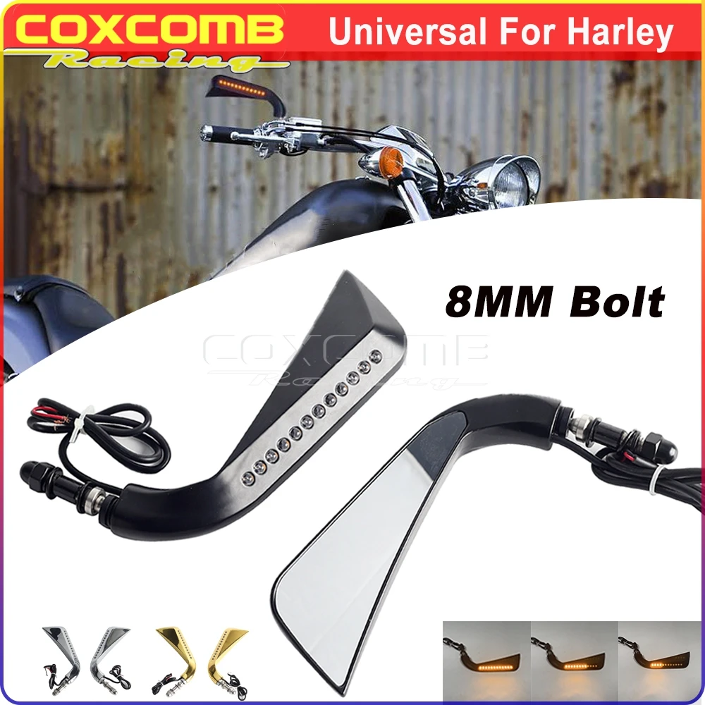 Rear View Mirror For Harley Dyna Electra Glide Fat Boy Cross Bones Softail Road King Motorcycle Led Turn Signals Rearview Mirror