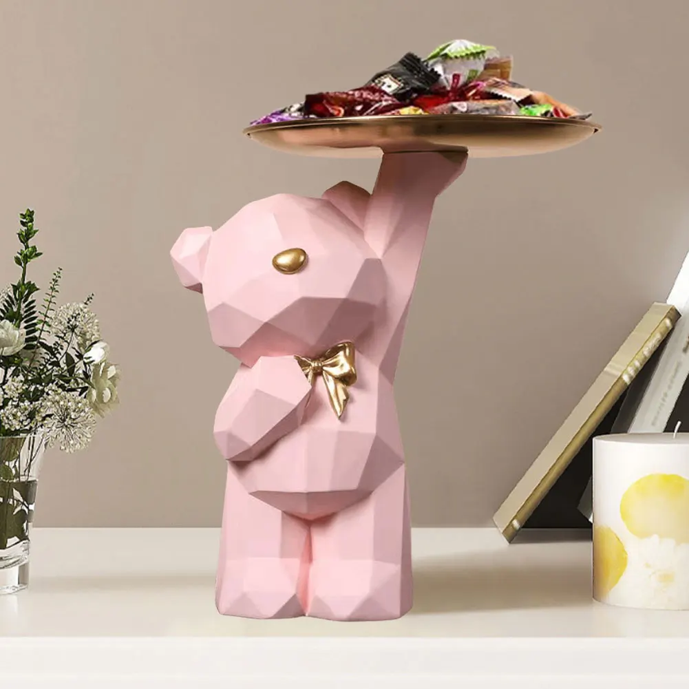 

Resin Geometric Bear Statue Floor Tray Ornament Cute Bear Storage Tray Statue Table Decoration for Entrance/Living Room