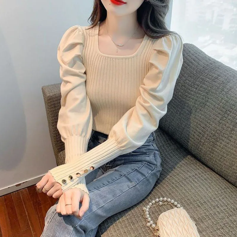 Autumn Winter New Women\'s Pullovers Commuter Square Collar Screw Thread Folds Puff Sleeve Elegant Slim Versatile Sweaters Tops