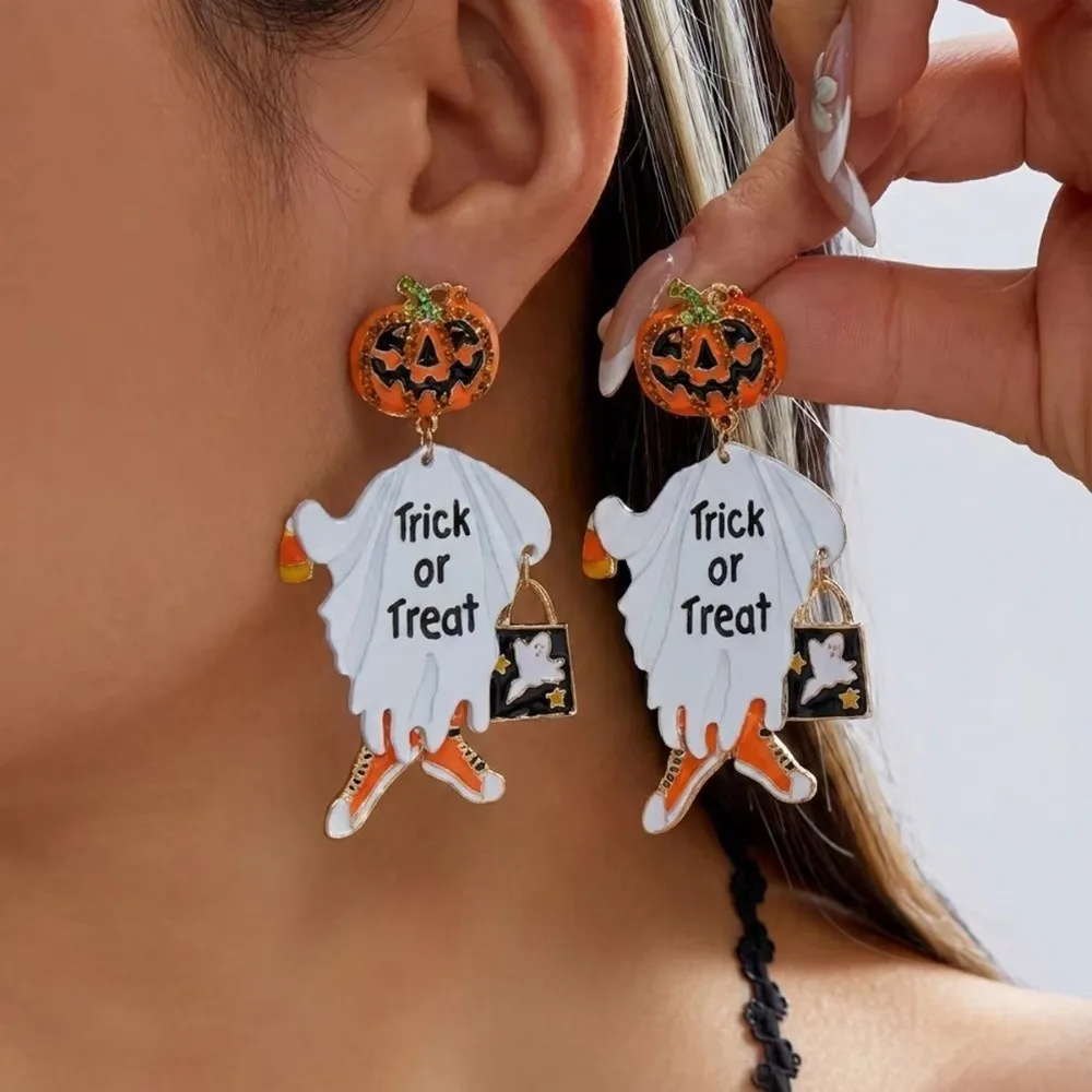 Alloy Material Halloween Earrings Long Tassel Design Dripping Oil Effect Pumpkin Earrings Spider Earrings Costume Cosplay