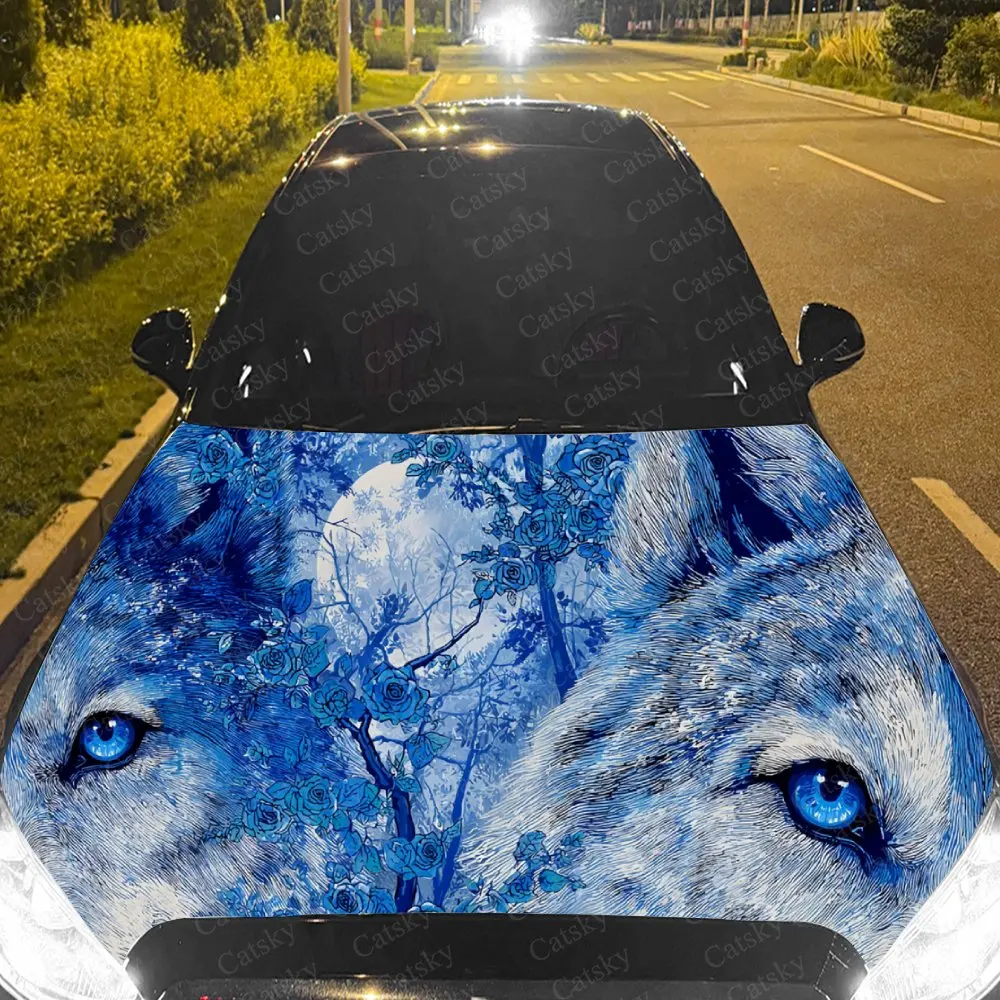 

Car Decal Blue Wolf with Glowing Eyes & Artistic Fusion, Mysterious Wilderness-Gothic Visual Car Hood Sticker, Waterproof Self -