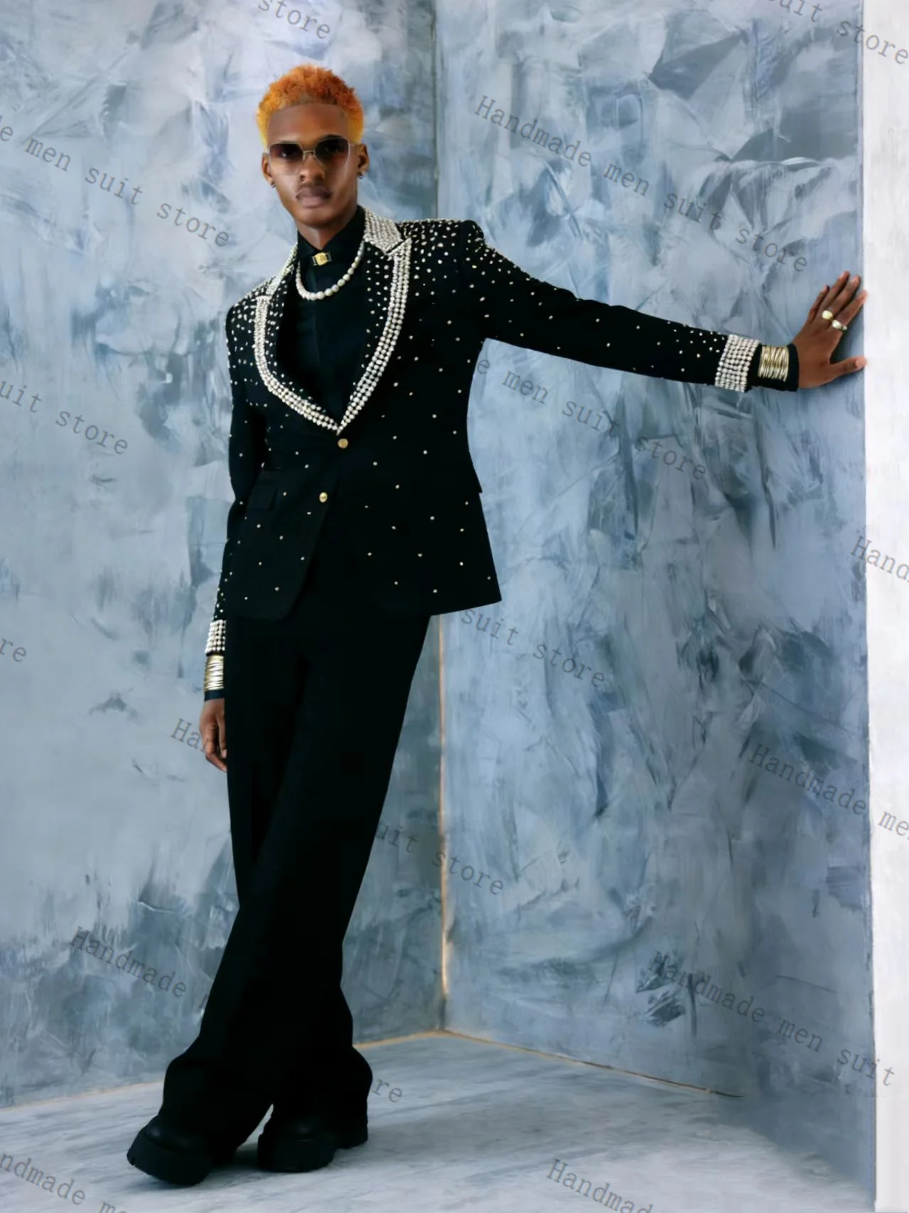 

Black Spring Men Suit Set 2 Piece Crystals Blazer+Cotton Pants Prom Wedding Tuxedos Coat Customized Formal Office Fashion Jacket