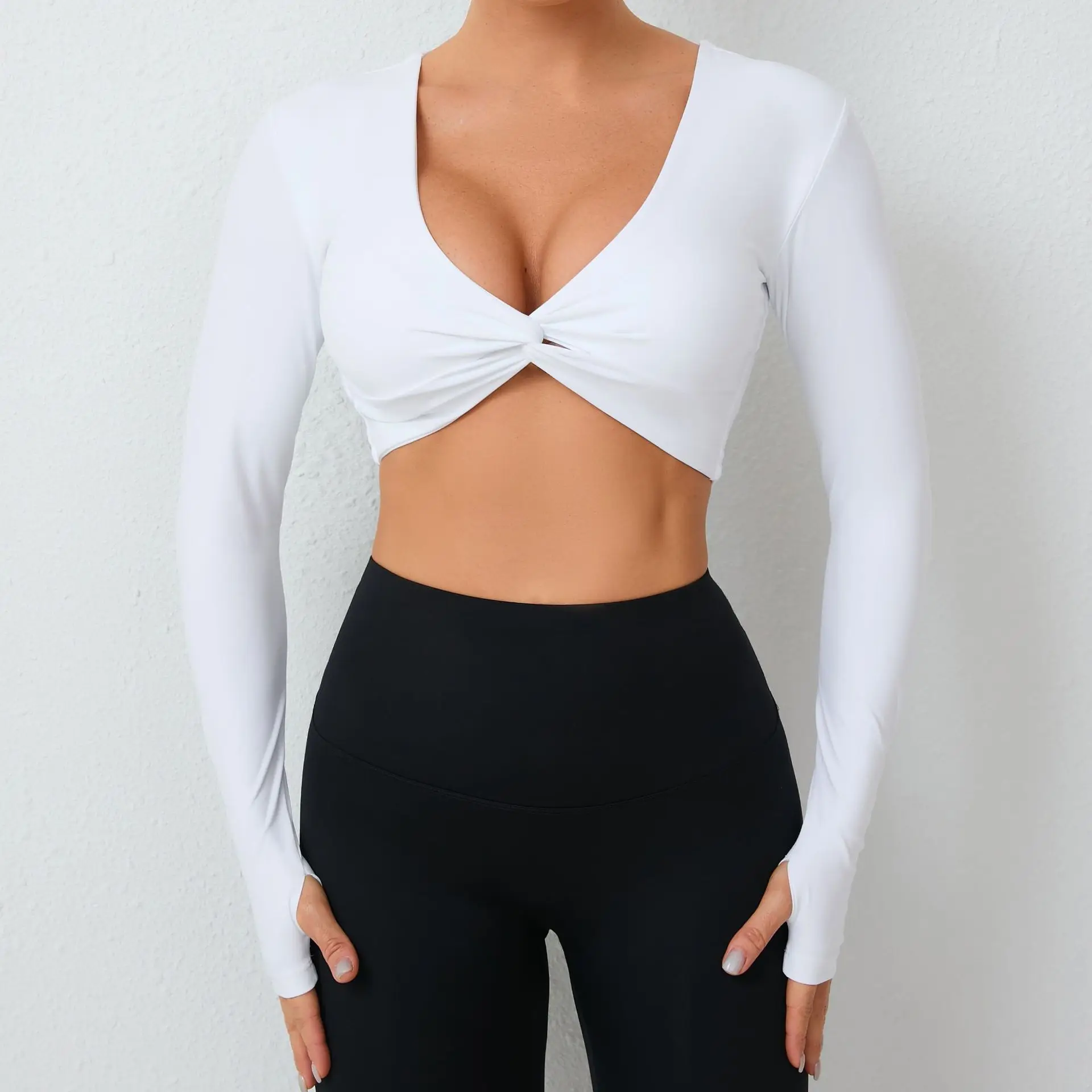 Yoga Shirts Women's Long Sleeve Yoga Crop Tops Running Shirts Gym Shirt Push Up Workout Gym Top Insert Pads Slim Fit Sports Sexy