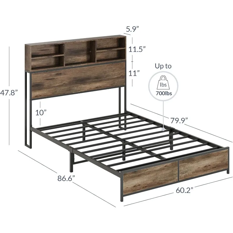 Queen Size Bed Frame with Storage Headboard, Sturdy Metal Platform Bed Frame with RGB LED Light and Ultra-Fast Charging Station